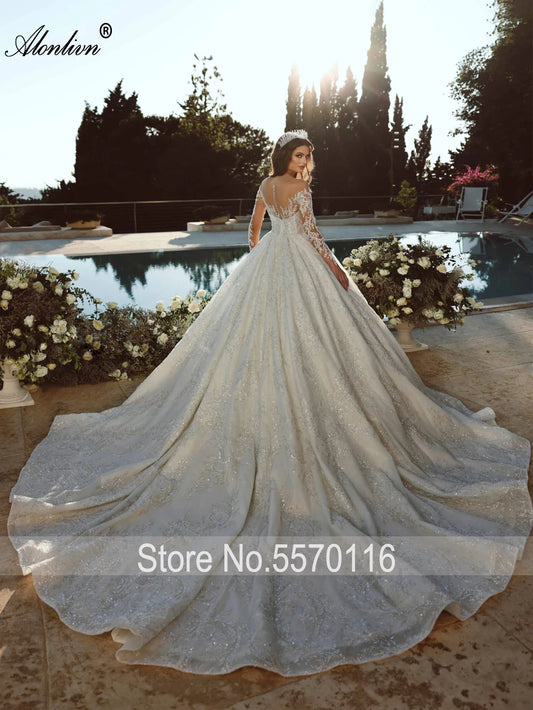 Luxury Lace Full Sleeves Ball Gown Wedding Dresses Illusion Neck Beading Embroidery Vestido De Noiva