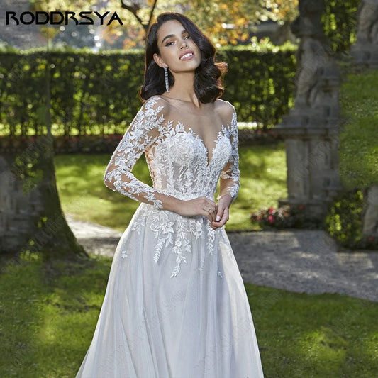 RODDRSYA Elegant Long Sleeves Wedding Dress Sexy Backless Tulle Bridal Gowns Lace Applique A-Line O-Neck Vestido De Noiva 2024
