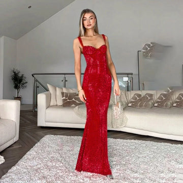 Sparkly Sequin Red Evening Dress Elegant Luxury Low Cut Backless Long Maxi Dresses For Women Sexy Party Outfits