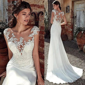 Beautiful Fascinating Round Neck New Lace Applique Mermaid Mopping Short Sleeve Gorgeous Wedding Dresses Chapel Train New 2024