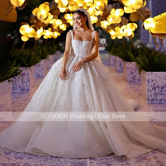 Luxury White A-Line Appliques Lace Straps Wedding Dress 2024 Princess Glitter Sequins Women Bride Gowns Vestidos De Novia