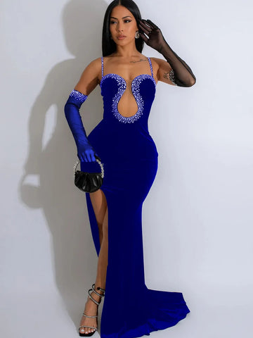 Luxury Woman Evening Dress Sparkle Heartbeat Velvet Diamonds Maxi Dress Gown Celebrities Outfits With Rhinestones Glove
