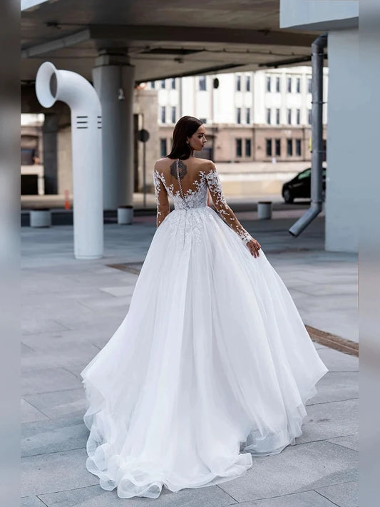 Classic Wedding Dresses Sweetheart Bridal Gowns Lace Appliques Full Sleeves Robes For Formal Party Tulle Dress Vestidos De Novia