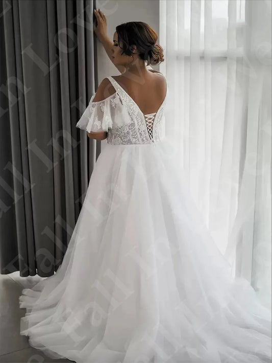 Plus Size Women Wedding Dress V-Neck Short Sleeves Custom Lace-Up Or Zipper Corset Lace Appliques New A-Line Tulle Bridal Gowns