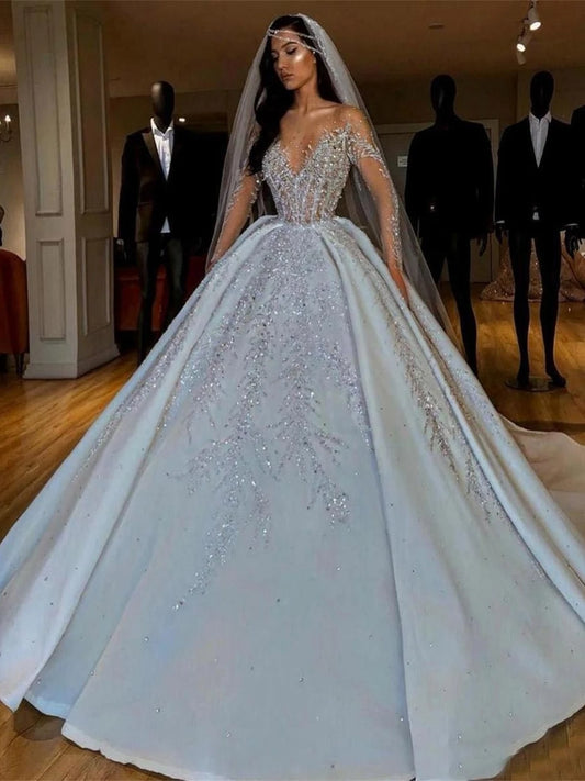 Sparkly Beads Sequins Wedding Dress Dubai O-neck Long Sleeve Bride Robe Luxury Ball Gown Long Bridal Gown Robe De Mariée