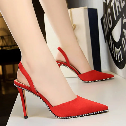 2024 Elegant Women 9cm High Heels Sandals Lady Pointed Toe Slingback Flock Rivets Pumps Gladiator Strap Nightclub Designer Shoes