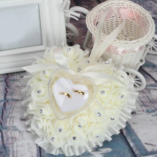 1Pcs Jewelry Case Heart-shape Rose Flowers Ring Box Romantic Wedding Ring Bearer Pillow Cushion Holder Valentine's Day Gift