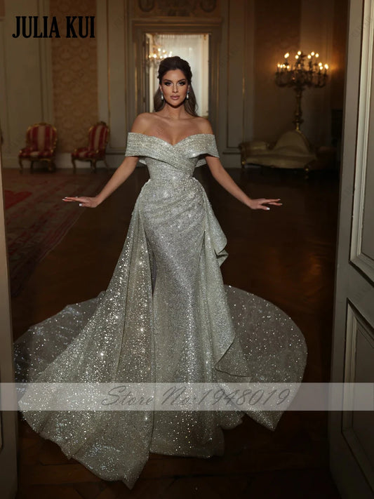 Luxury Bling Lace Mermaid Wedding Dresses Ruched Pleats Off Shoulder Sleeves 2 In 1 Shiny Trumpet Bridal Gowns