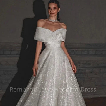 Vintage Glitter Wedding Dresses Off Shoulder Shiny V-Neck A-Line Backless Bridal Gowns Sparkly Princess Pageant Bride Dress