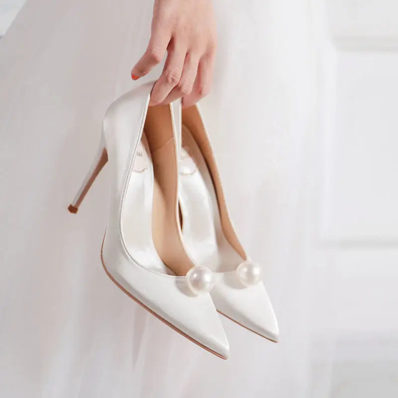 Summer New Elegant Ladies Bridal Wedding Party Shoes Pearl Satin Pumps Fashion Versatile Wedding High Heels Solid Color