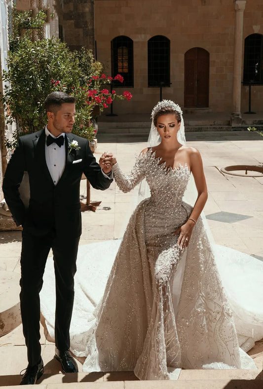 Vestido De Novia Luxury Pearls Wedding Dress with Detachable Train Dubai Arabia Long Sleeve Beaded Lace Bridal Gown Robe Mariee