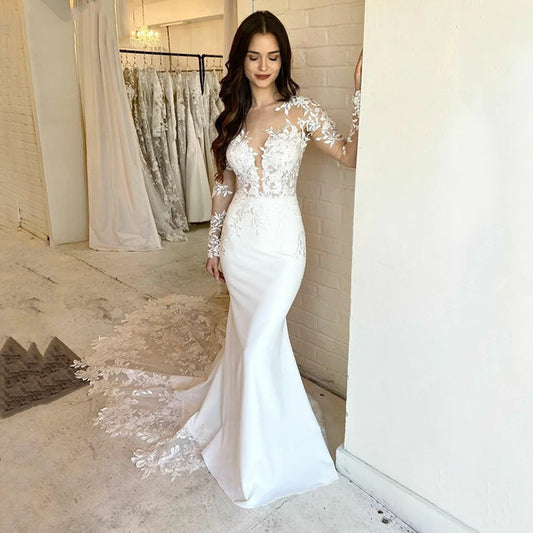 Elegant Lace Mermaid Wedding Dresses For Women 2024 Long Sleeve Lace Appliqued Bridal Gown Illusion Back Ivory Vestido De Novias