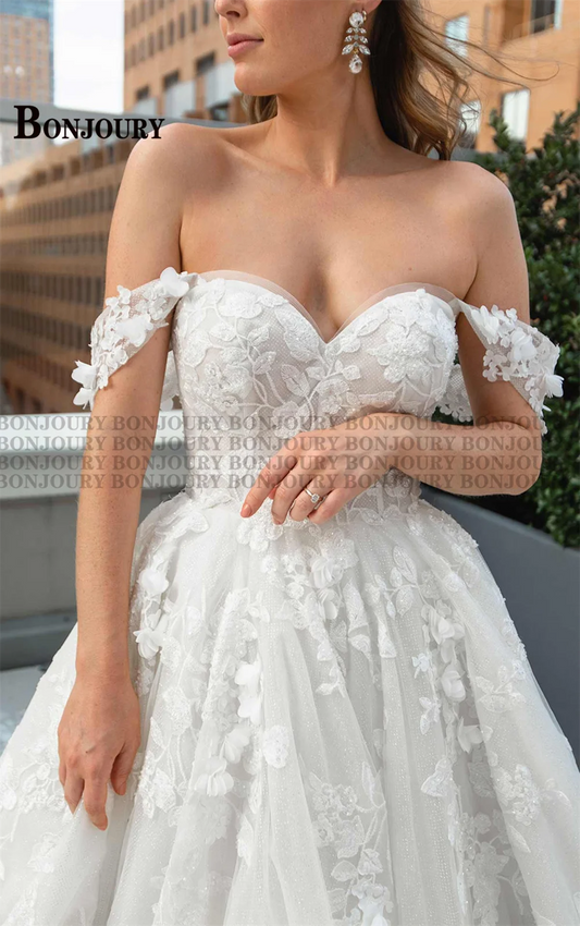 BONJOURY Princess Wedding Dresses For Woman 2024 Bride Off Shoulder Lace Ball Gown Appliques Tulle Robe De Mariée Custom Made
