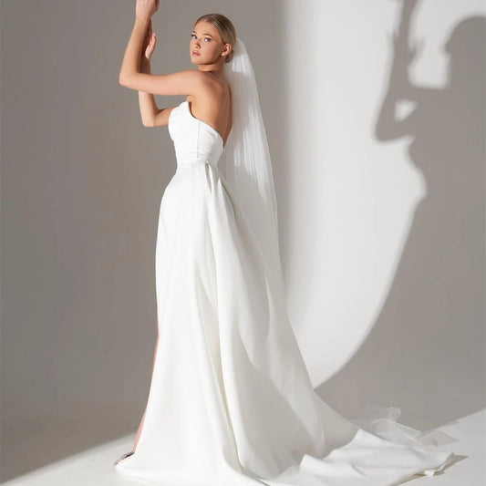 Sweetheart Satin Wedding Dress Side Slit A-Line Floor Length Robe De Mariee White Simple Elegant Sweep Train Sleeveless Robe