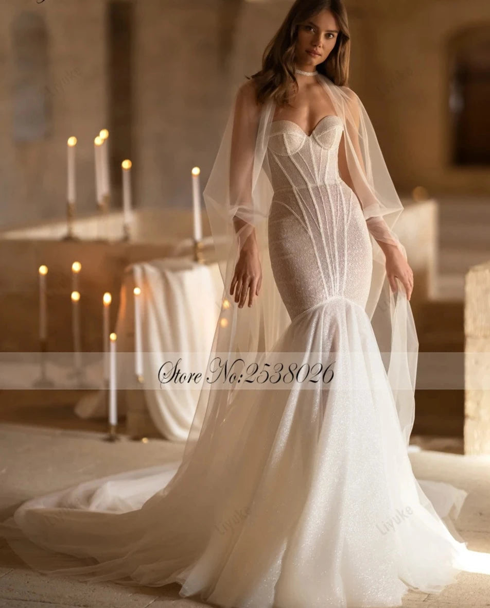 Bling Fabric Sweetheart Mermaid Wedding Dresses With Removable Capel Off Shoulder Trumpet Bridal Gowns