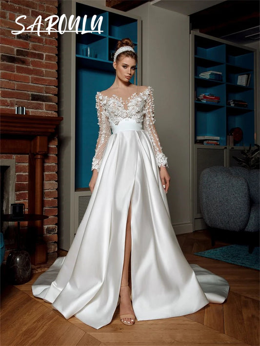 3D Lace Embroidery A Line Wedding Dress Long Illusion Sleeves Satin Skirt Front Slit Bridal Gown Sheer Neck Bride Dress