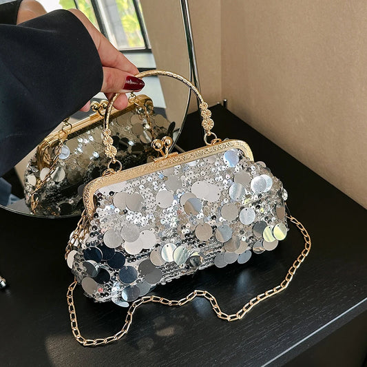 Women Luxury Evening Clutch Bag Wedding Golden Sequins Clutch Purse Chain Shoulder Bags Small Party Handbag With Metal Handle