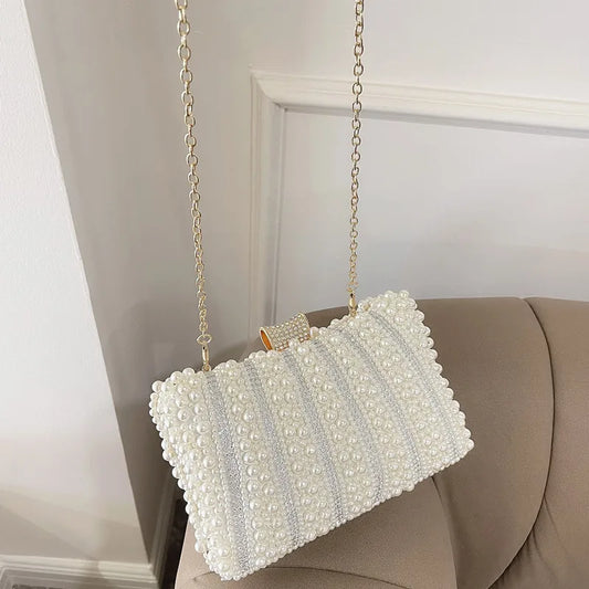 Vintage Pearl Women Handbag Diamond Evening Bag Luxury Wedding Bridal Ladies Clutch Chain White Shoulder Dress Dinner Bag