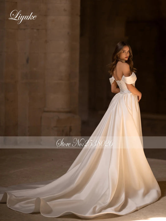 Liyuke Elegance 2 In 1 Mermaid Wedding Dresses With Removable Train Luxury Satin Off Shoulder Sleeves Trumpet Bridal Gowns