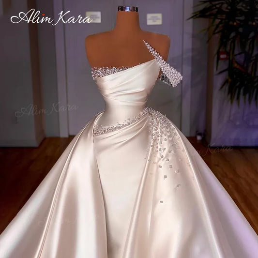Satin 3 In 1 Wedding Dresses for women 2024 Pearls Mermaid Detachable Train Bridal Gown Princess VS05 Vestido De Novia