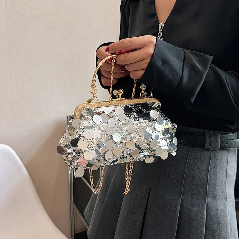 Women Luxury Evening Clutch Bag Wedding Golden Sequins Clutch Purse Chain Shoulder Bags Small Party Handbag With Metal Handle