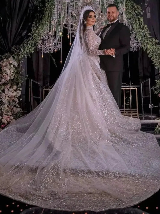 Sparkly Princess Wedding Dress Dubai Beaded Arabic Long Sequined Sleeves High Neck Gorgeous Bridal Gowns Tulle Vestido De Novia