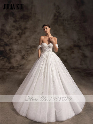 Luxury Beading Lace Sweetheart A-Line Wedding Dresses Off Shoulder Pearls Sleeves Bridal Gowns
