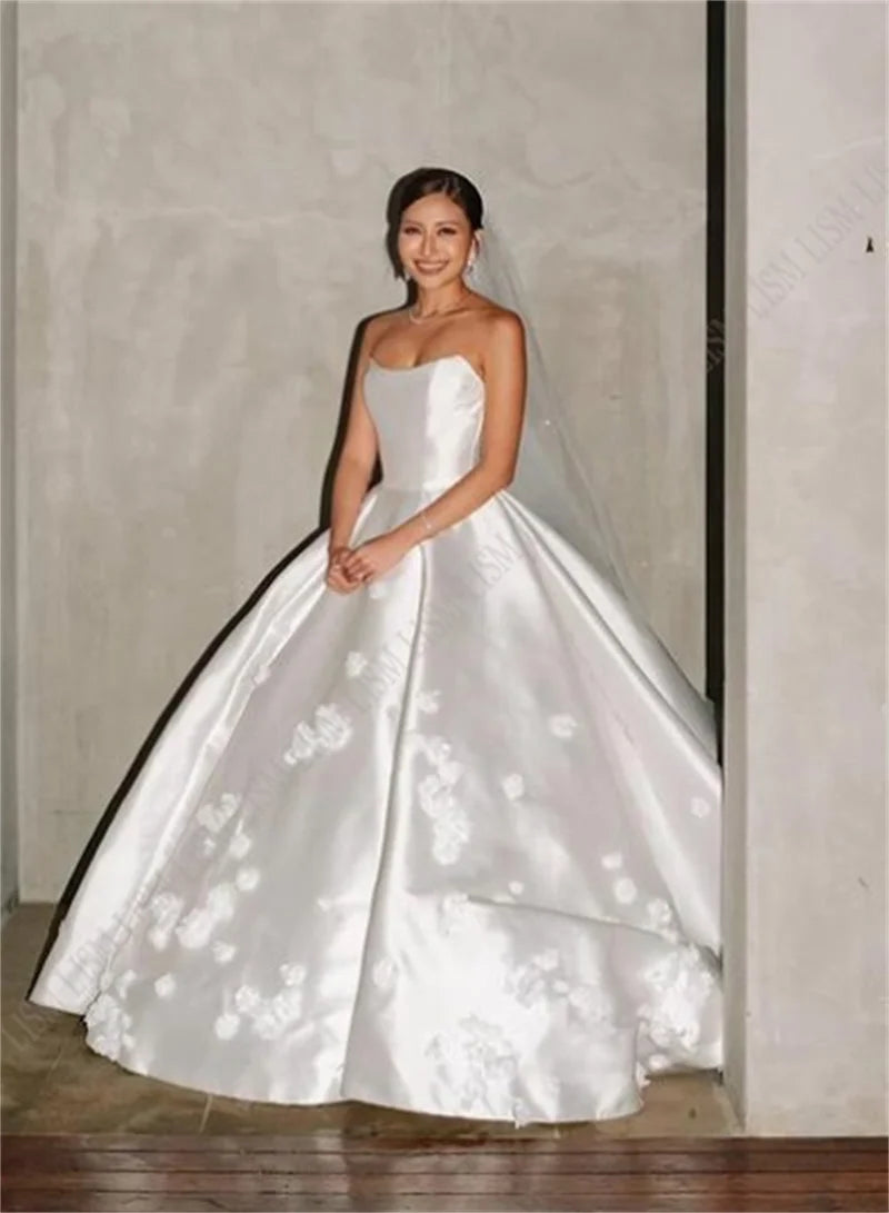 A-Line Strapless Formal Wedding Gowns Satin Lace Luxury Bridal Dress Floor Length Fancy Dresses Plus Size Vestidos De Novia