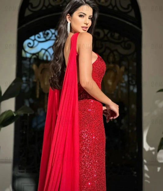 Red Luxury 2024 Party Dress Dubai Formal Occasion Dresses With Long Cape Shiny Beaded Sequins Prom Gowns Arabic Evening Dresses