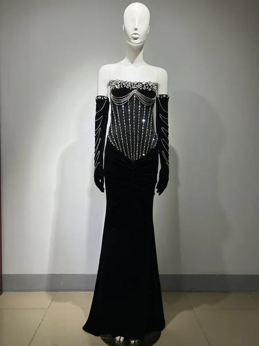 Women Luxury Sexy Strapless Diamond Black Open Leg Maxi Long Dress Elegant Party Dinner Stage Show Performance Dress