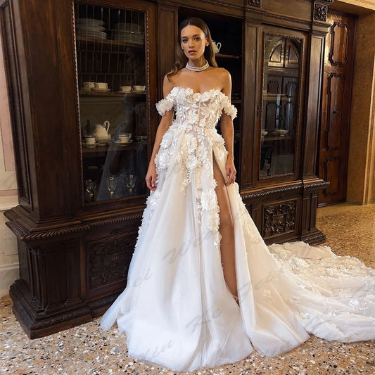 Lace Applique Wedding Dresses A-Line Sexy Mermaid Off The Shoulder Sleeveless High Slit Simple Mopping Bride Gowns Custom Made
