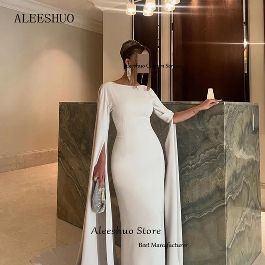 Aleeshuo Saudi Arabia Mermaid Long Satin Prom Gowns Boat Neck Evening Dresses Long Sleeve Pleated Floor-Length Robe de soirée