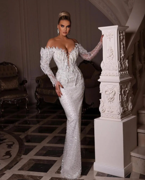 2024 New Luxury Wedding Dress Sparkly Sequin Dubai Off-Shoulder Long Sleeves Pearls Beads Mermaid Detachable Train Bridal Gown