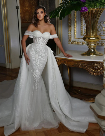 Elegance Style Sweetheart Mermaid Women Wedding Dresses Beading 3D Appliques Lace Off Shoulder Sleeves Bridal Gowns