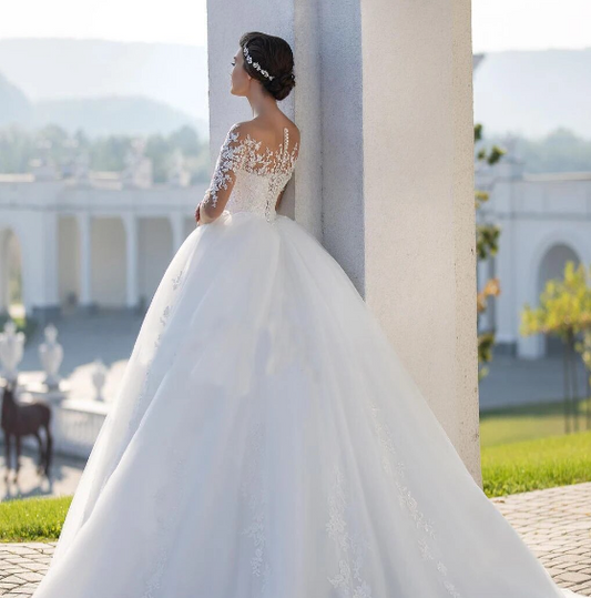 Fashion Appliques Lace Wedding Dress Beaded Long Sleeve Illusion Ball Gown Vestido De Novia Princess S102 Bridal Gown