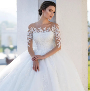 Fashion Appliques Lace Wedding Dress Beaded Long Sleeve Illusion Ball Gown Vestido De Novia Princess S102 Bridal Gown