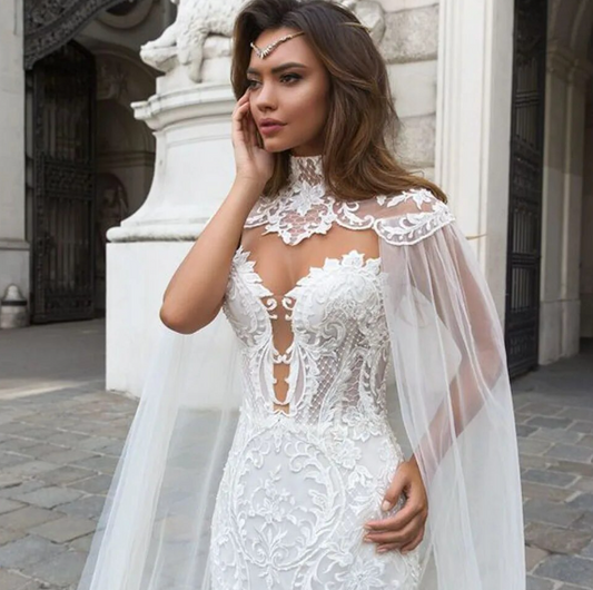 Fmogl Exquisite Sweetheart Illusion Lace Mermaid Wedding Dresses Luxury Appliques Button Court Train Trumpet Bridal Gown