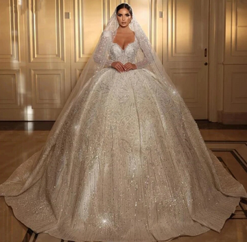 Sparkle Sequins Bride Dresses With Princess Long Puff Sleeve Sweetheart Wedding Dresses For Women 2024 Luxury Bridal Gown