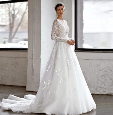 A-Line Vintage Wedding Dresses 2024 O-Neck Long Sleeve Vestido De Novia Lace Appliques Stunning Chic Robe De Mariee