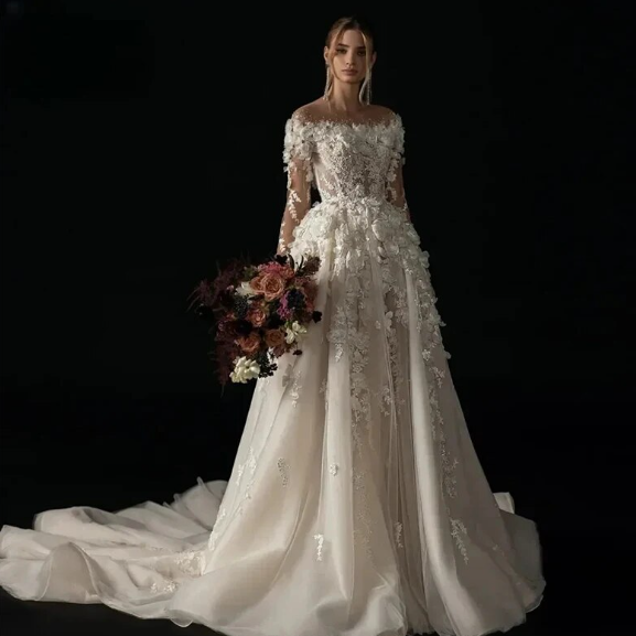 A-Line Elegant Wedding Dresses 2024 Boat Neck Long Sleeve Vestido De Novia Lace Appliques Flowers Romantic Robe De Mariee