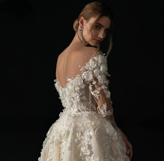 A-Line Elegant Wedding Dresses 2024 Boat Neck Long Sleeve Vestido De Novia Lace Appliques Flowers Romantic Robe De Mariee