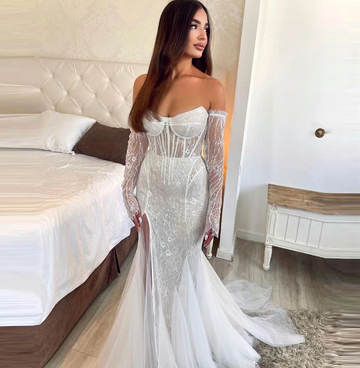 Sevintage Modern Mermaid Wedding Dresses Lace Appliques Long Sleeves High Side Split Boho Wedding Gown Princess Bridal Gowns