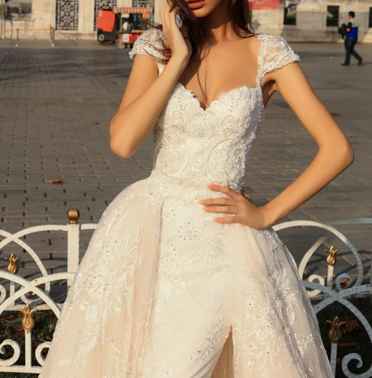Mermaid Satin Wedding Dresses 2024 Short Sleeve CRYSTAL Embroidery Detachable Train Wedding Gown Vestidos De Novia