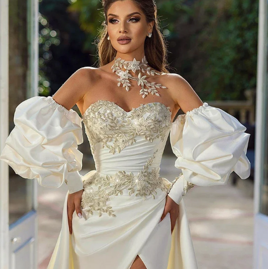 Luxurous Satin Ruched Pleats Sweetheart Trumpet Wedding Dress Beading Appliques 2 In 1 Bridal Gowns Vestido De Novia