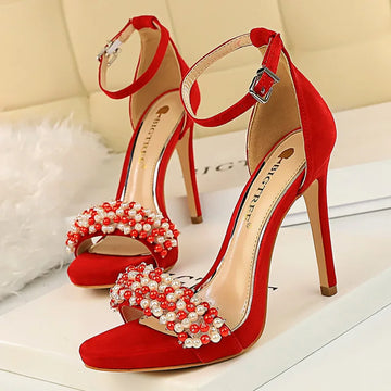 Women 11cm High Heels 2cm Platform Crystal Sandals Lady Wedding Bridal Heels Rhinestone Pearl Luxury Stripper Strap Pink Shoes