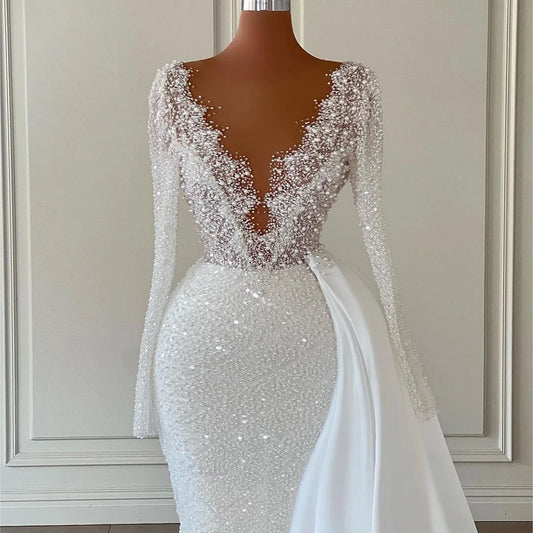 Eightre White Mermaid Wedding Dresses Boho Sequines Glitter Bride Dress V-Neck Long Sleeve Wedding Evening Prom Gowns Plus Size