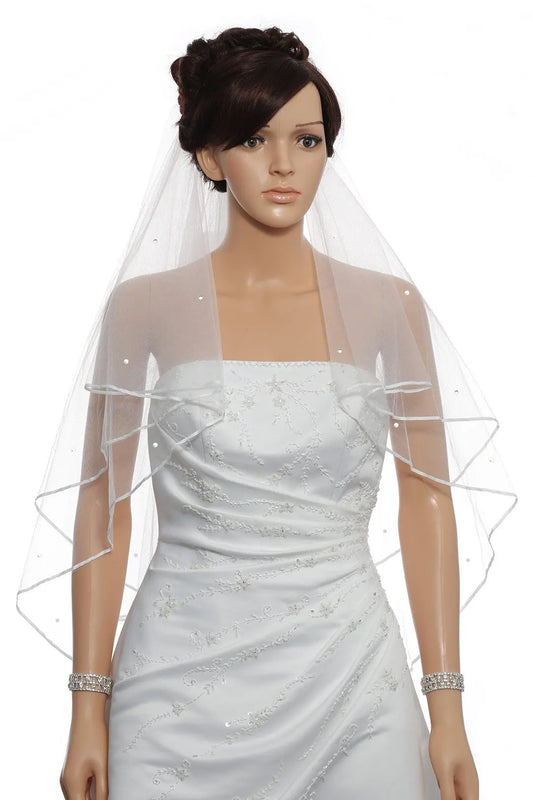 2T 2 Tier  Ribbon Edge Center Wedding Bride Beaded Bridal Veil
