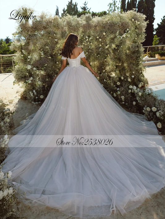 Liyuke Elegant Princess Ball Gown Wedding Dresses With Beading Appliques Lace Off Shoulder For Brides