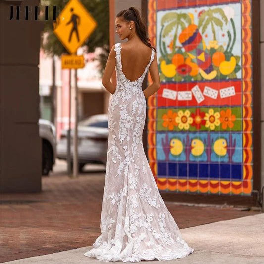 JEHETH Sleeveless Lace Mermaid Wedding Dress 2023 Beach Scoop Neck Stylish Backless Bridal Gown Custom Made Applique Sweep Train