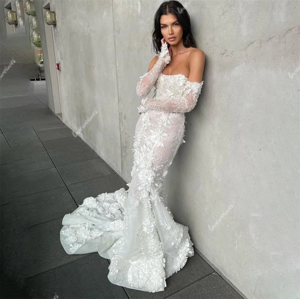 Modest Mermaid Lace Wedding Dresses Women Train Sweetheart Bride Dress Detachable Sleeve 3D Flowers Bridal Gown vestido de novia